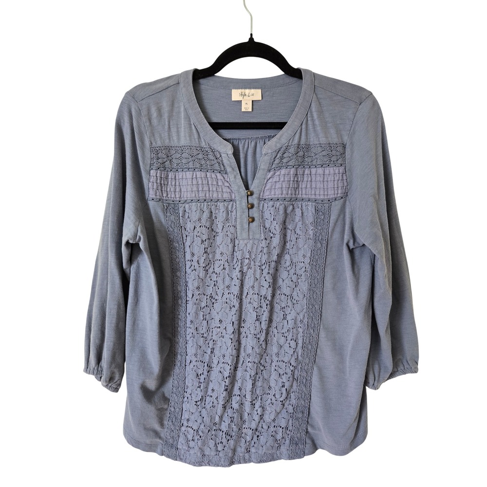 Style & Co Womens L Petite Henley Top Blue Lace Pintuck 3/4 Sleeve Slub Knit